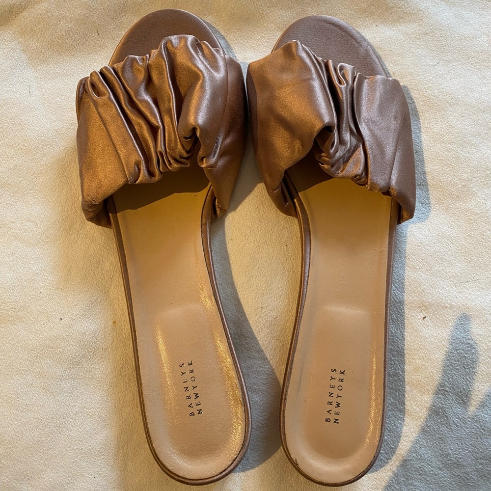 Barneys New York ruched satin flat slide sandals in blush nude tan